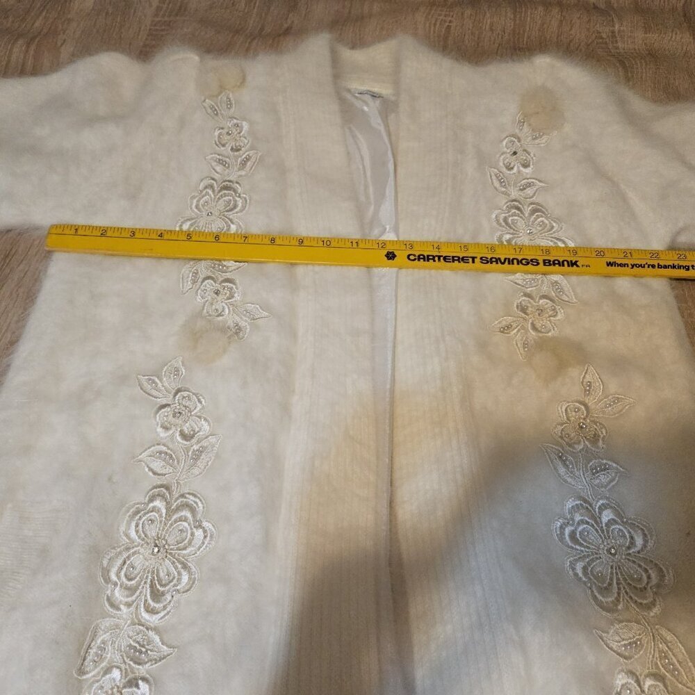 Belldini Womens Size S Ivory Open Front Angora Sweater Jacket Beaded Embroidered - Picture 8 of 8